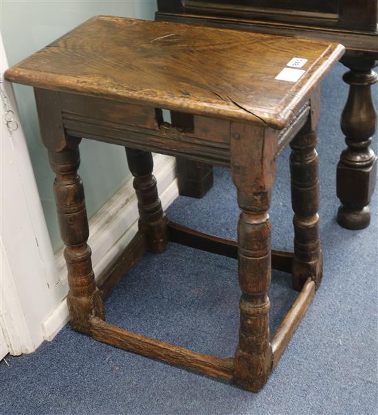 A 17th century oak joint stool (altered) W.49cm